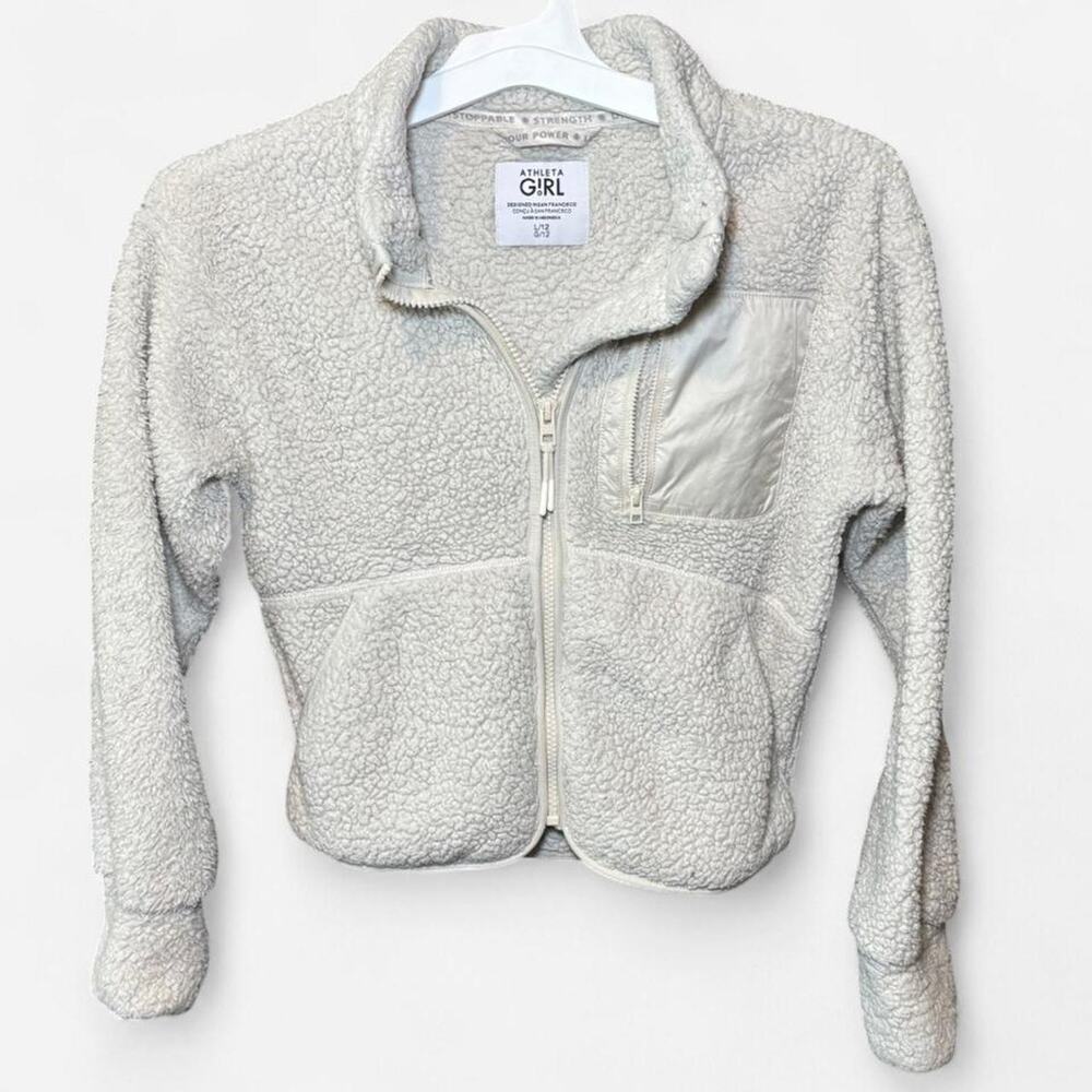 ATHLETA GIRL L Sherpa Fleece Jacket White Beige Cozy Casual